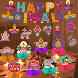 Happy Diwali Banner and Centerpieces: Coordinated Indian Cultural Event Decor Set