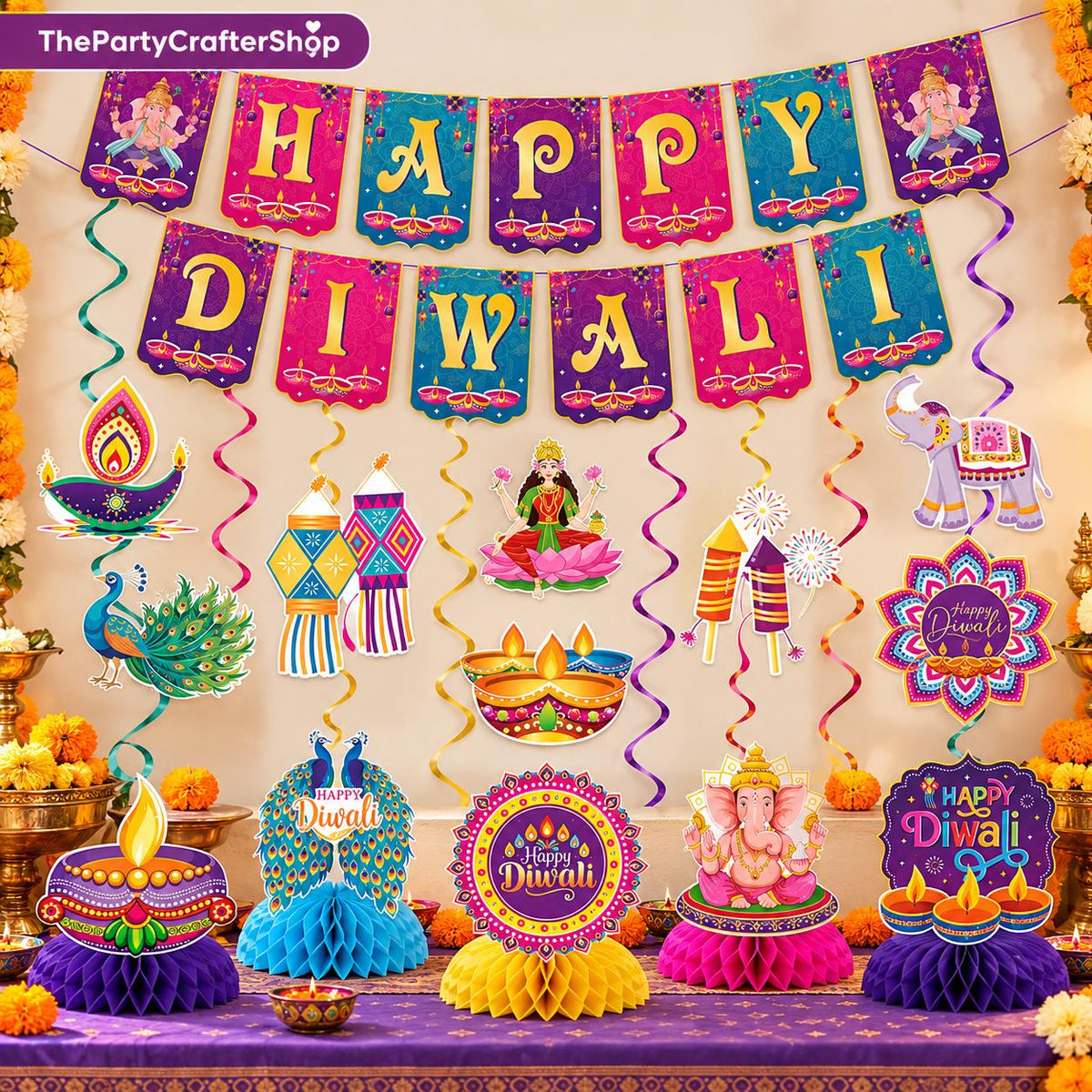 Happy Diwali Banner Set: Coordinated Cardstock Swirls and Honeycomb Centerpieces