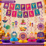 Happy Diwali Banner Set: Coordinated Cardstock Swirls and Honeycomb Centerpieces