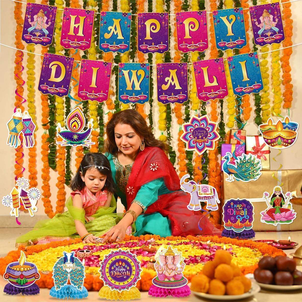 Happy Diwali Banner Set: Coordinated Cardstock Swirls and Honeycomb Centerpieces