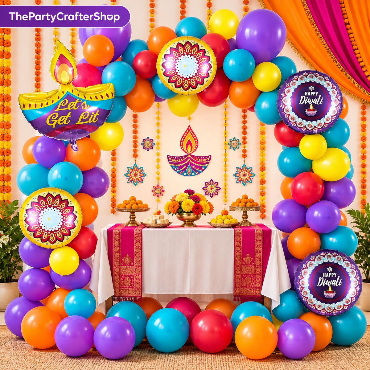 Festival of Lights Balloon Kit: 100 Yellow Orange Red Purple Blue, 5 Foil Diya