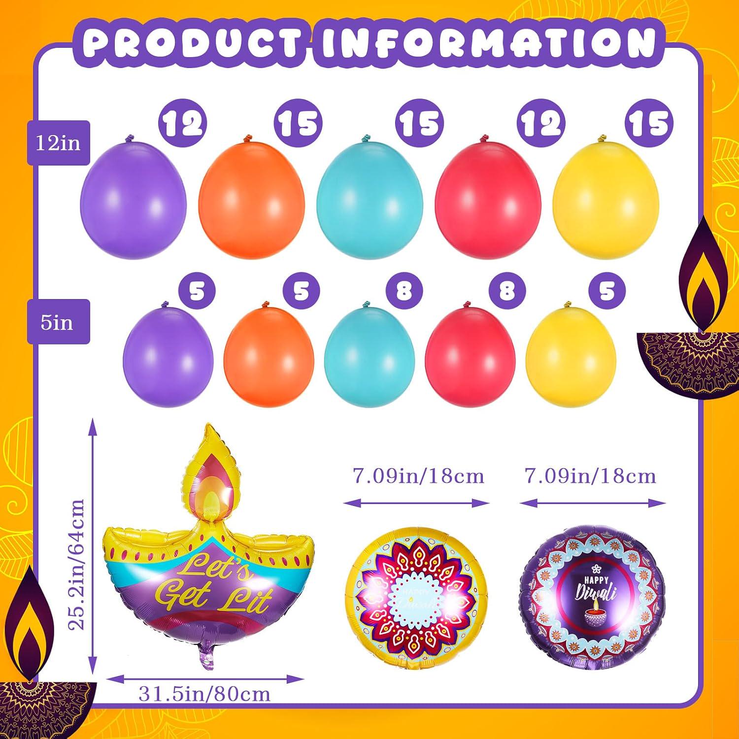 Festival of Lights Balloon Kit: 100 Yellow Orange Red Purple Blue, 5 Foil Diya