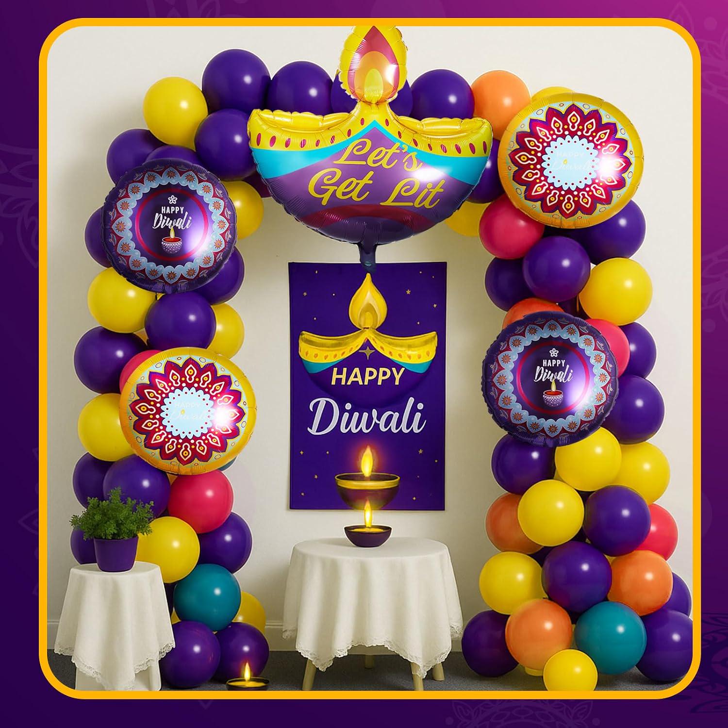 Festival of Lights Balloon Kit: 100 Yellow Orange Red Purple Blue, 5 Foil Diya