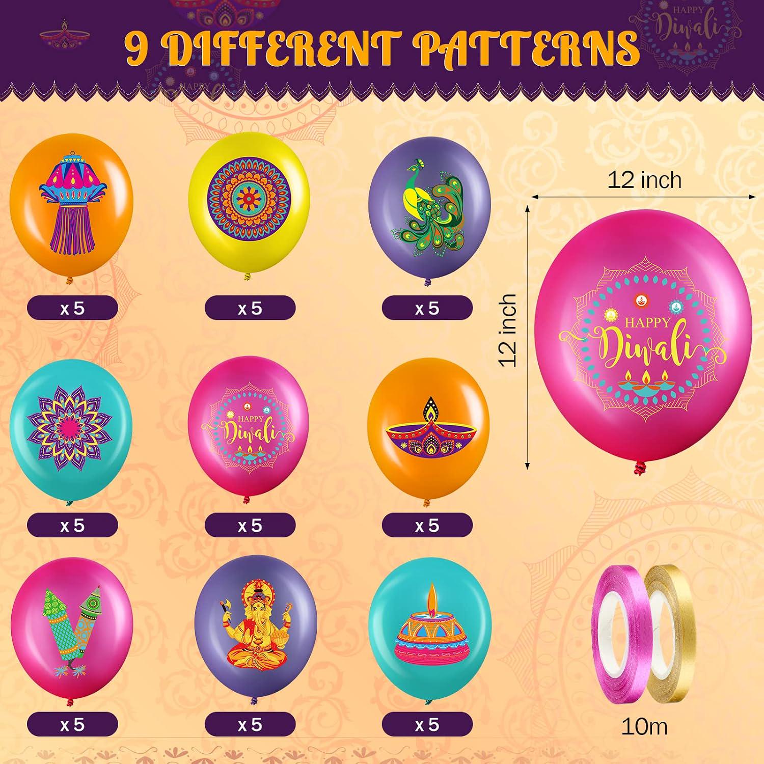 Festive Diwali Party Balloons, 12-Inch Latex with Diya, Peacock, Rangoli Prints