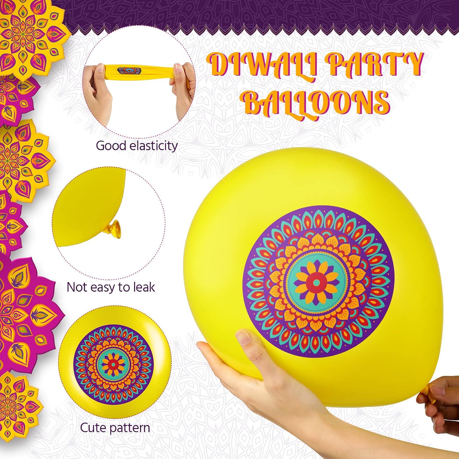 Festive Diwali Party Balloons, 12-Inch Latex with Diya, Peacock, Rangoli Prints