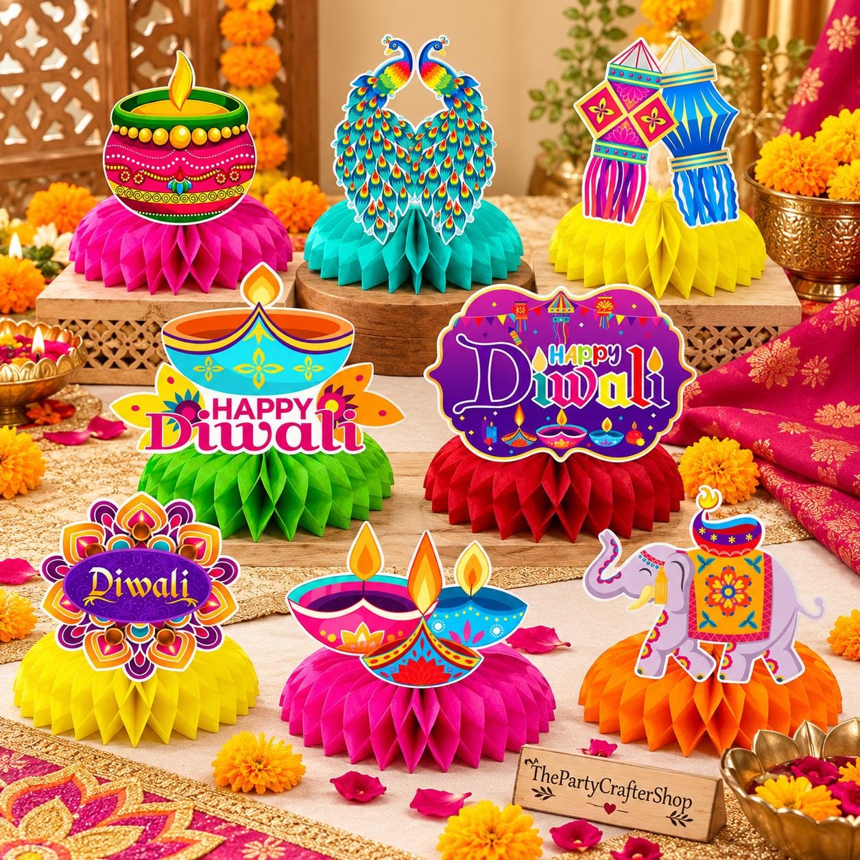 Honeycomb Centerpieces: Set of 8 Diwali Party Decorations (Cardstock)