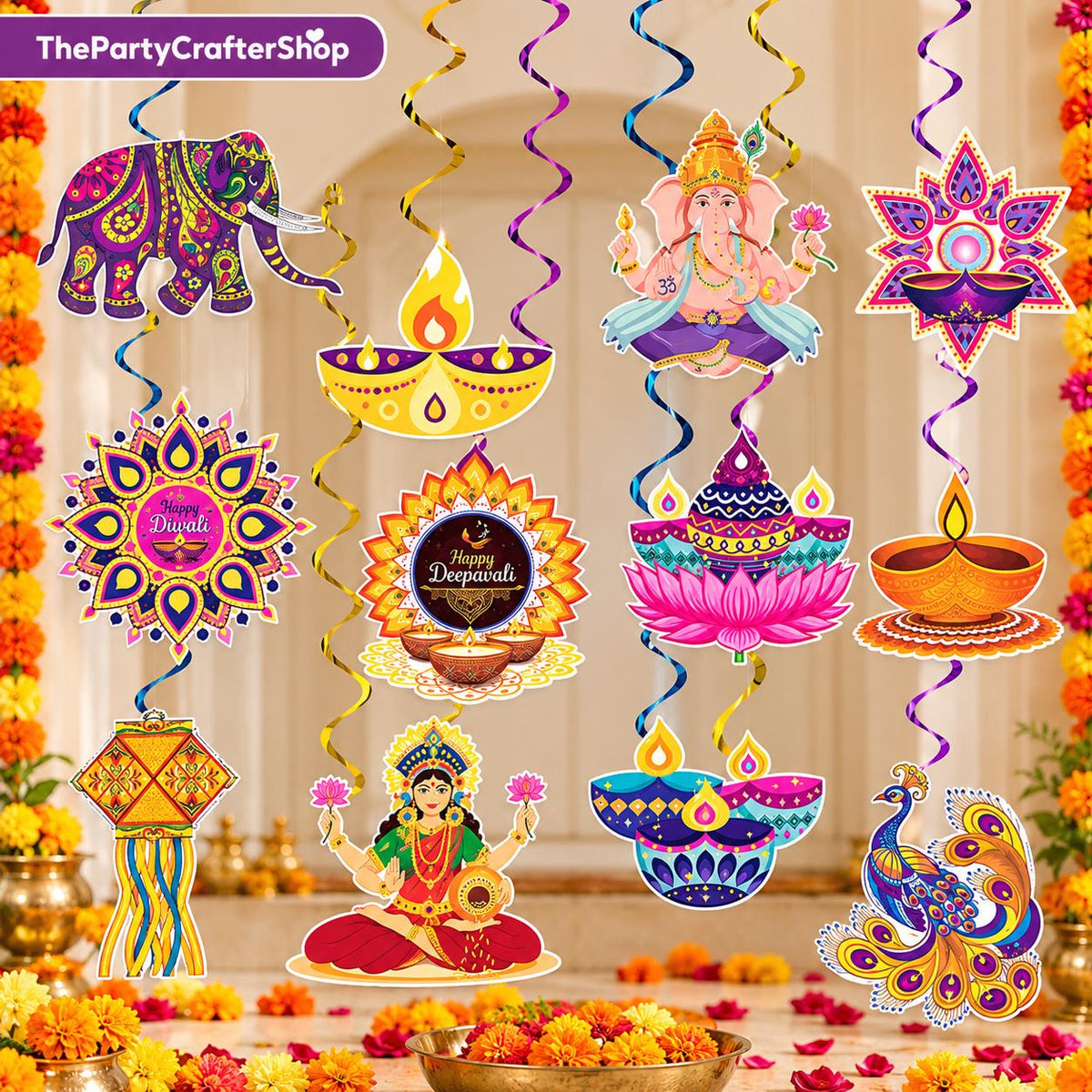 24-Piece Diwali Hanging Decoration Set, 12 Ceiling Swirls and 12 Diya Castle Cutouts