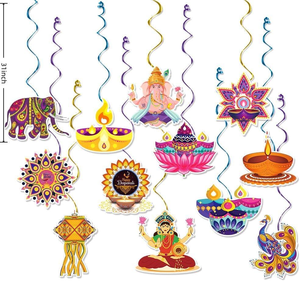 24-Piece Diwali Hanging Decoration Set, 12 Ceiling Swirls and 12 Diya Castle Cutouts