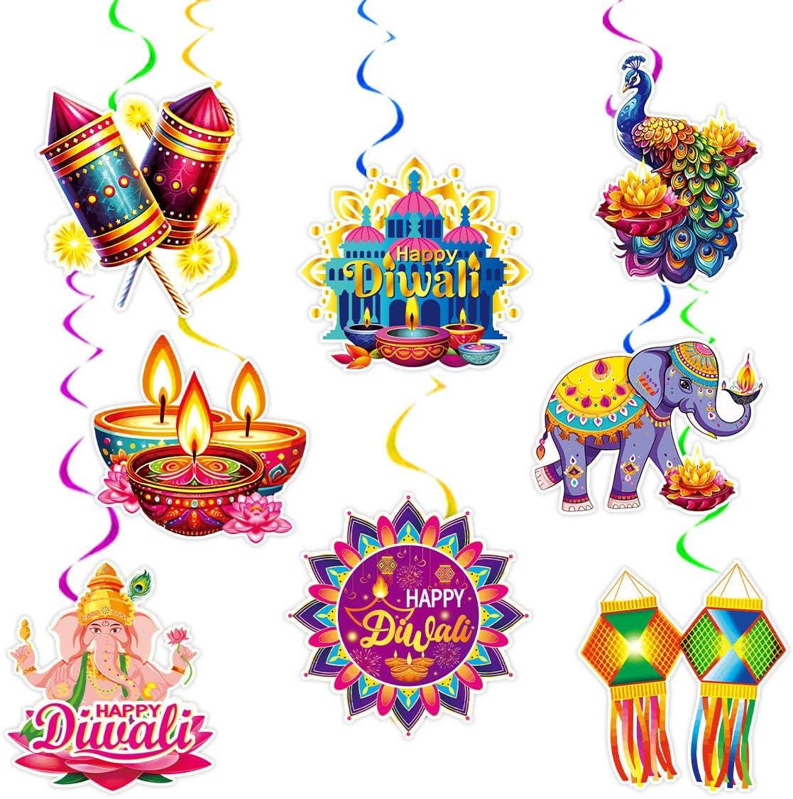 Festival of Lights Display: 8 Diwali Swirls + 2 Banners with Diya Elephant Lotus