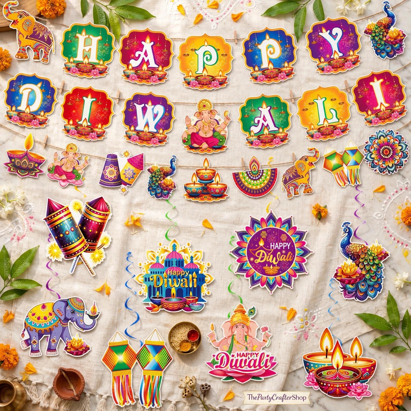Festival of Lights Display: 8 Diwali Swirls + 2 Banners with Diya Elephant Lotus