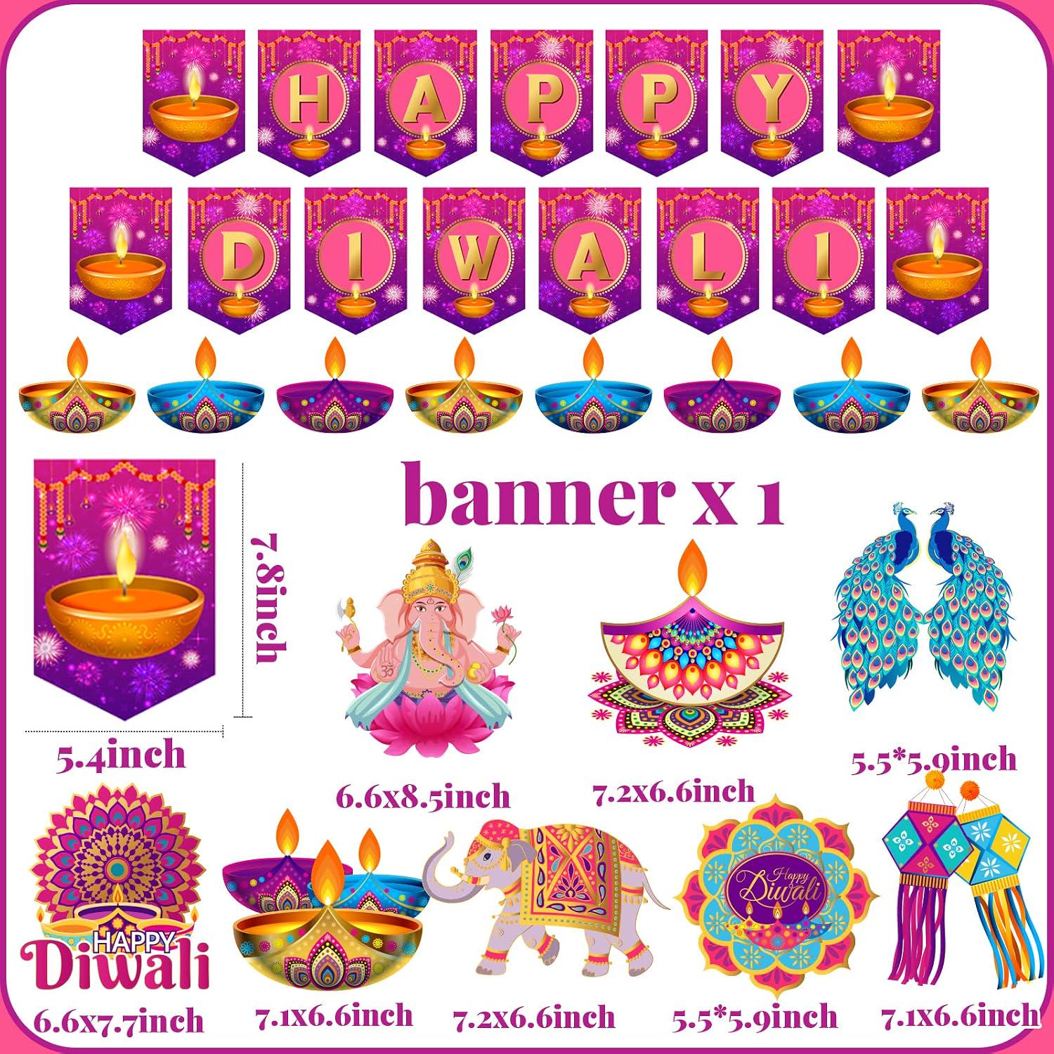 Happy Diwali Hanging Set: Diyas, Fireworks, Elephants, Rose Red and Golden Yellow Accents
