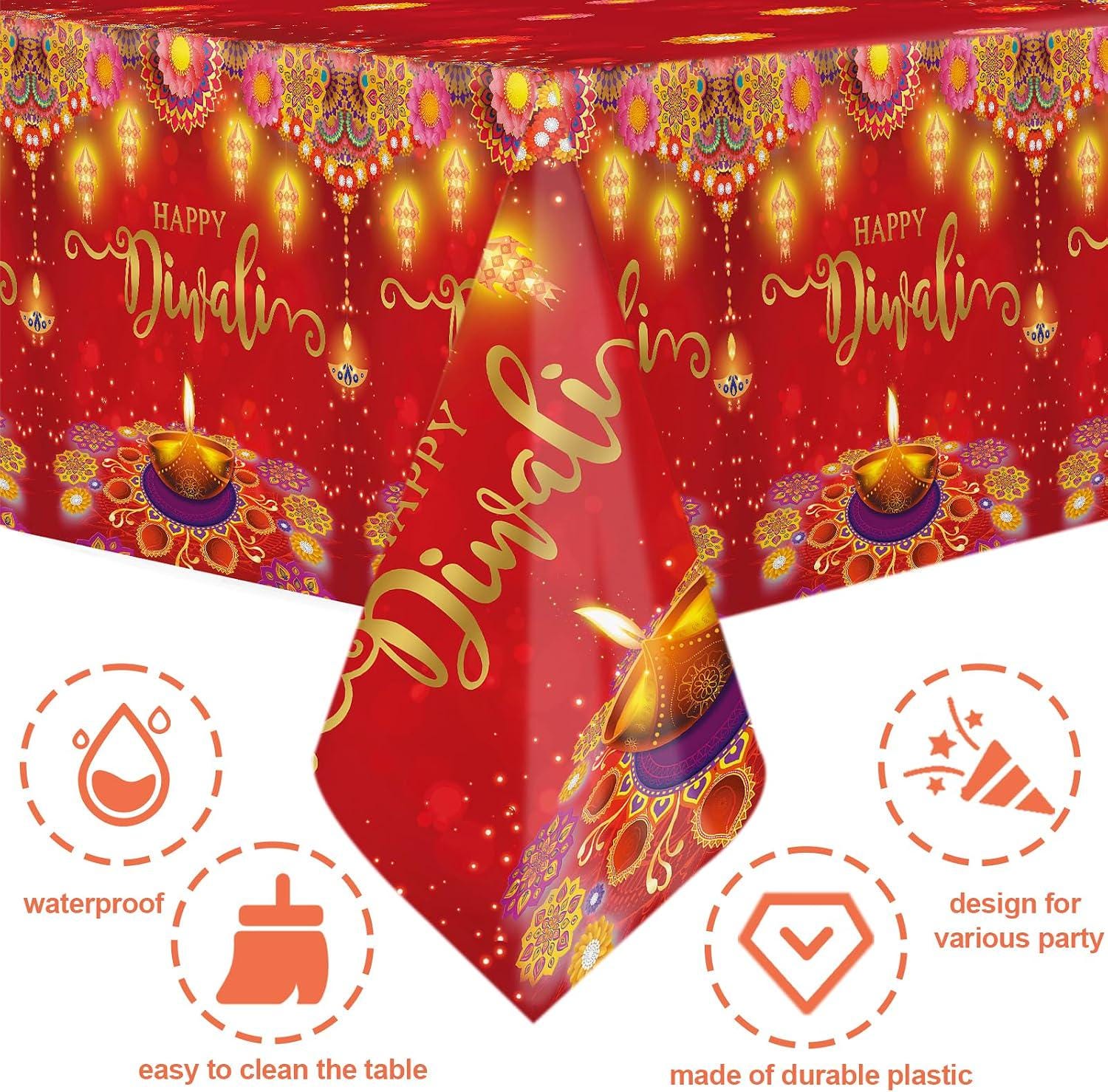 Happy Diwali Tablecloths Set, Durable Plastic Red Gold Diya Flower Motif Decor