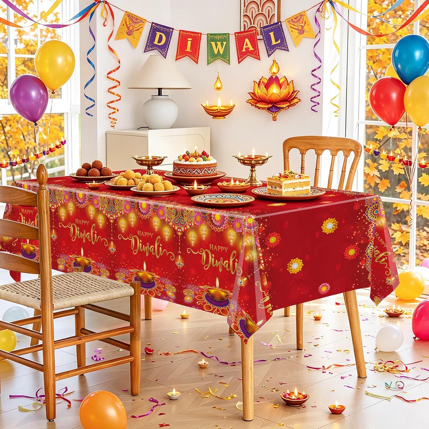 Happy Diwali Tablecloths Set, Durable Plastic Red Gold Diya Flower Motif Decor