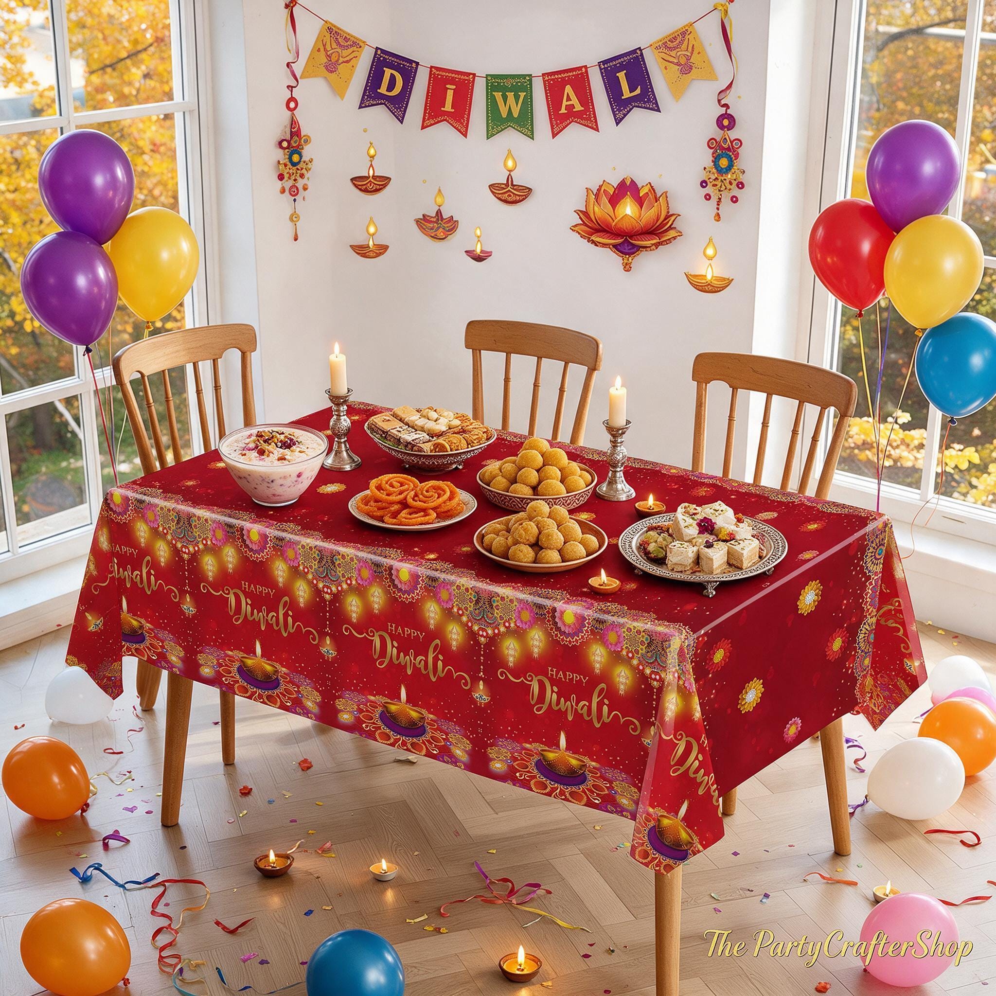 Happy Diwali Tablecloths Set, Durable Plastic Red Gold Diya Flower Motif Decor