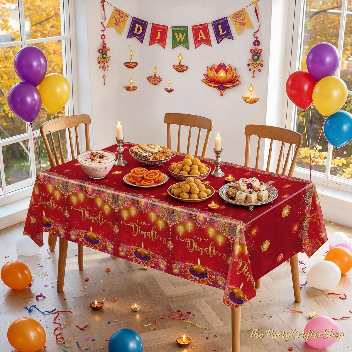 Happy Diwali Tablecloths Set, Durable Plastic Red Gold Diya Flower Motif Decor