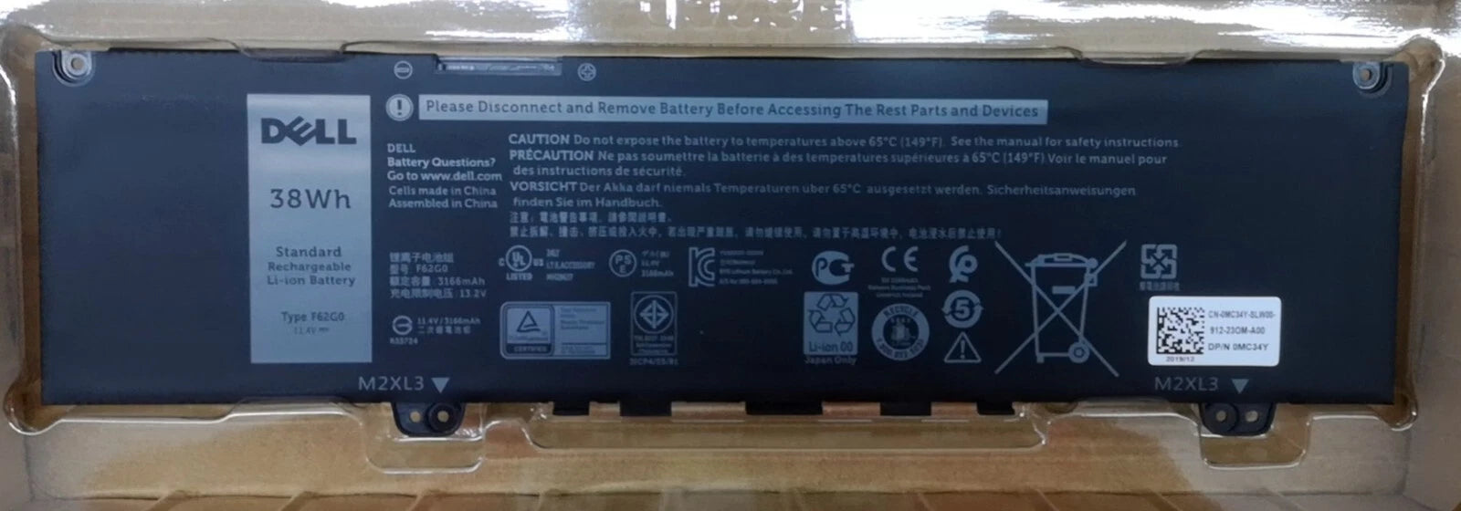 Original Dell 39DY5 F62G0 Inspiron 13 7000 38WH Battery