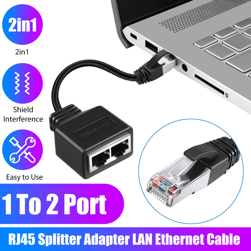 RJ45 LAN Ethernet Splitter Adapter 1 to 2 Way Ports Cable Network Plug Connector