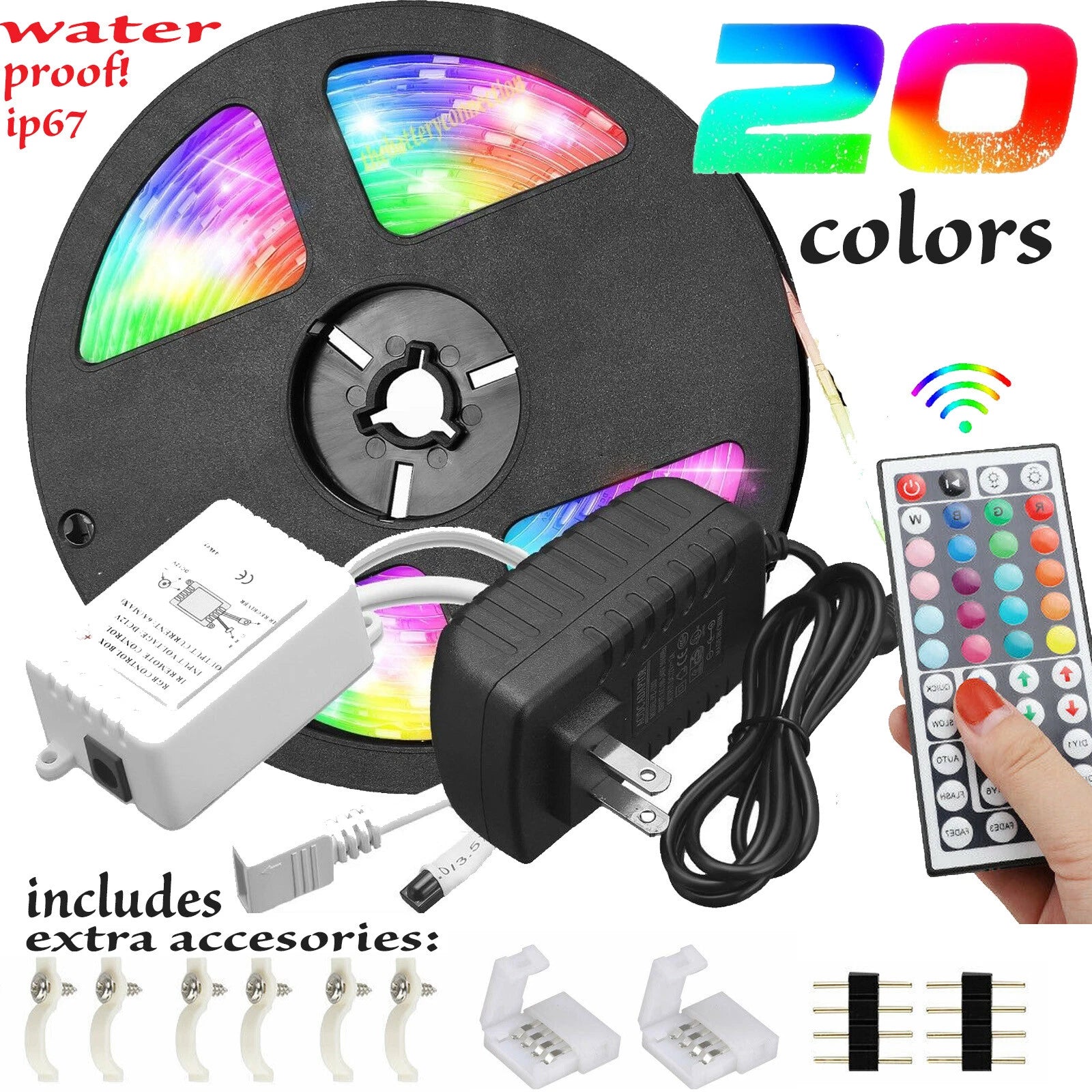 32.8 Feet RGB Waterproof LED Strip Light SMD 44 Key Remote 12V DC Power Kit 5050