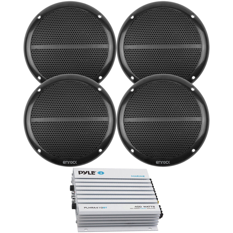 Pyle PLMRA410BT 4CH Waterproof Bluetooth White Amplifier, 4x 6.5" Black Speakers