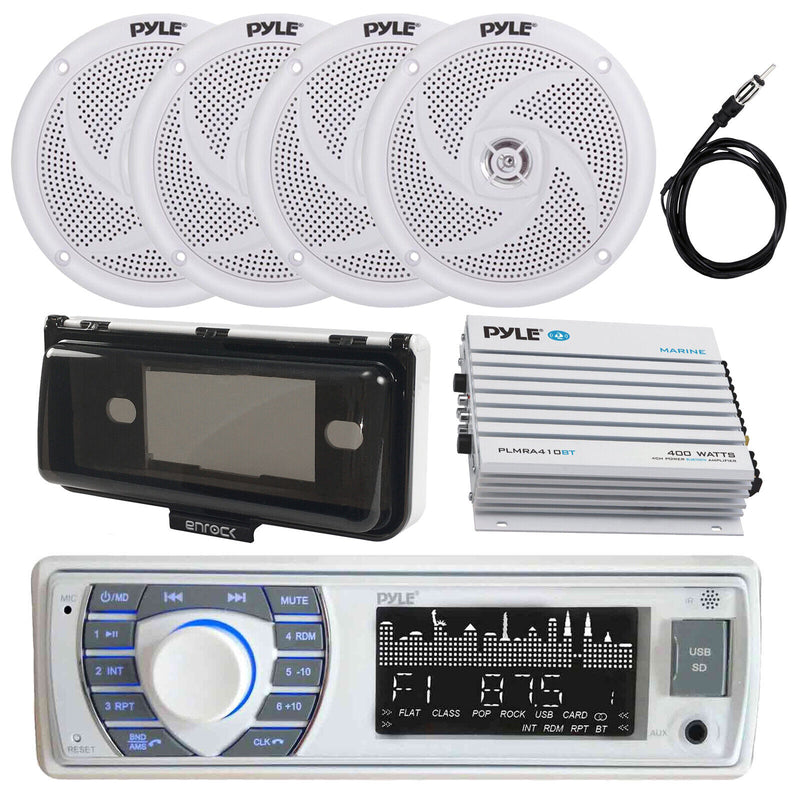 White Marine Indash Stereo USB SD AUX Input Radio, 4 Speakers, 400W Amp, Cover