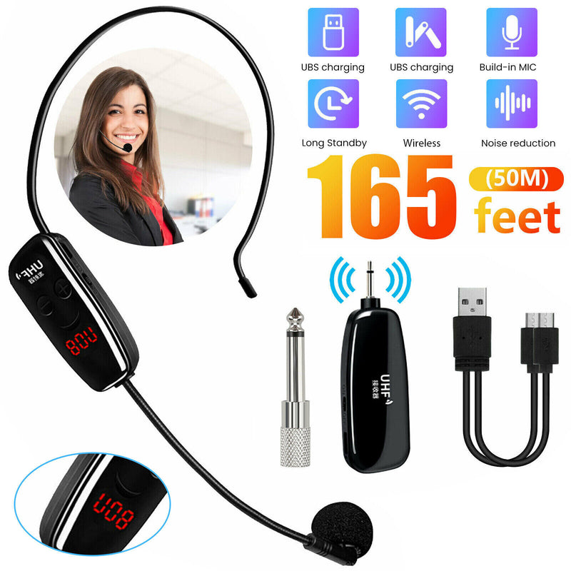 UHF 165FT Range Wireless Microphone Headset Mic System Set Kit for Teach Speaker