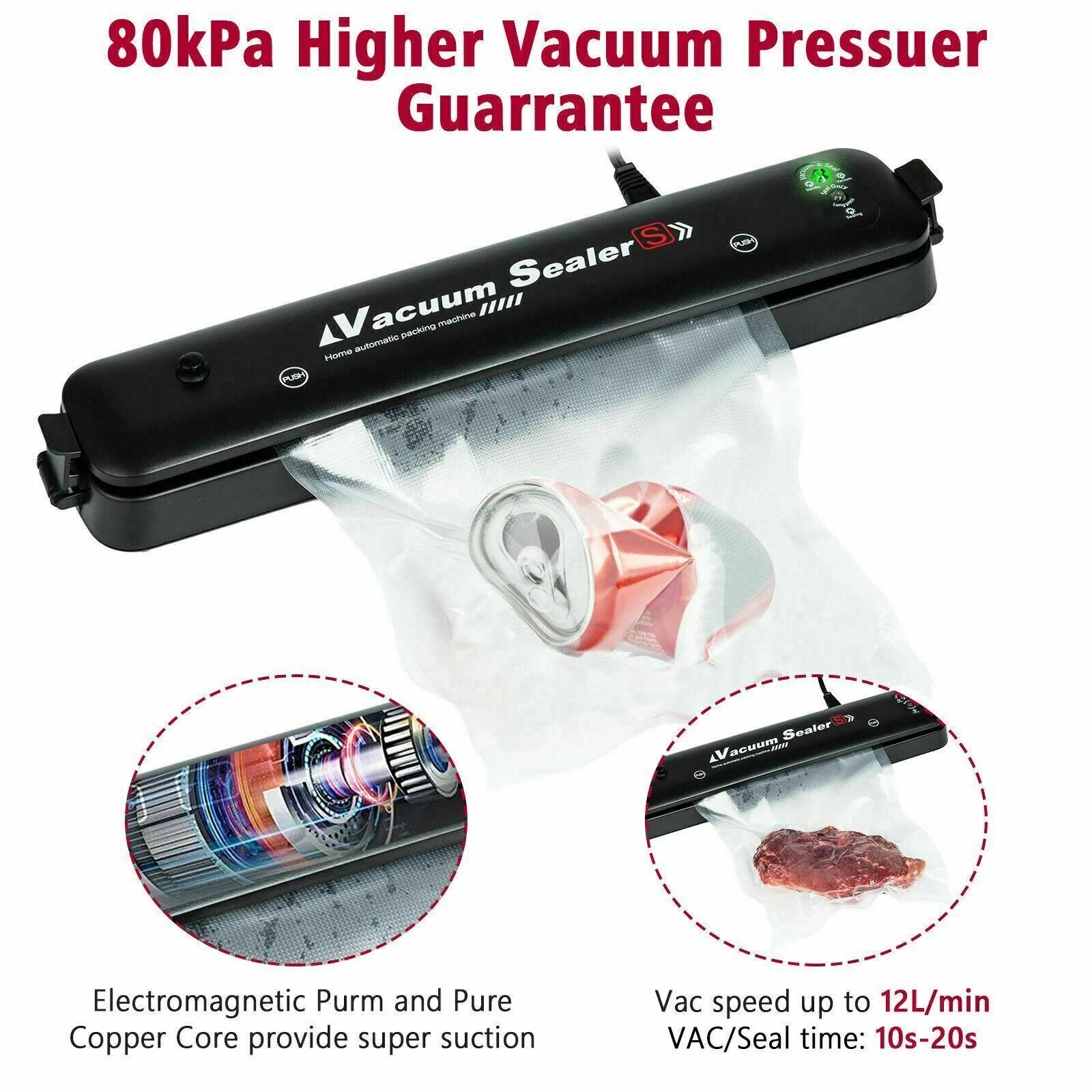 LP-11S Vacuum Sealer Machine Food Preservation Storage Saver Automatic With Seal Bag 90W Color Black