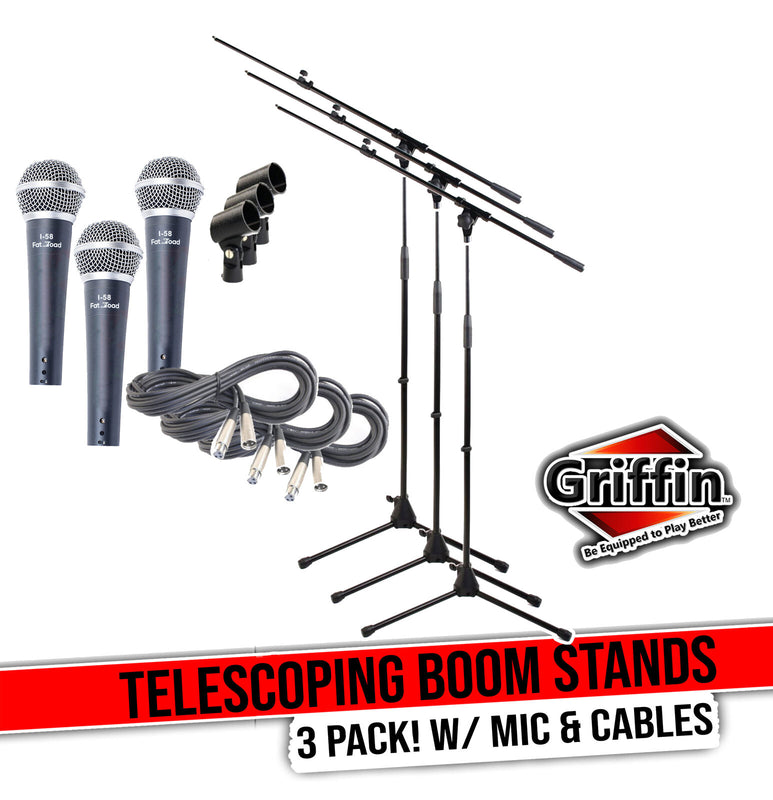 GRIFFIN Microphone Boom Stand & Cardioid Wired Mic, XLR Cable, & Clip (3 Pack)