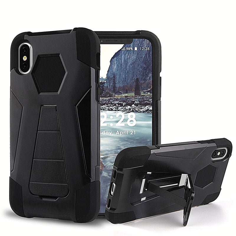 Iphone Xs,X Heavy Duty Cover Hybrid Armor Silicone Pc Case[Kickstand] Black