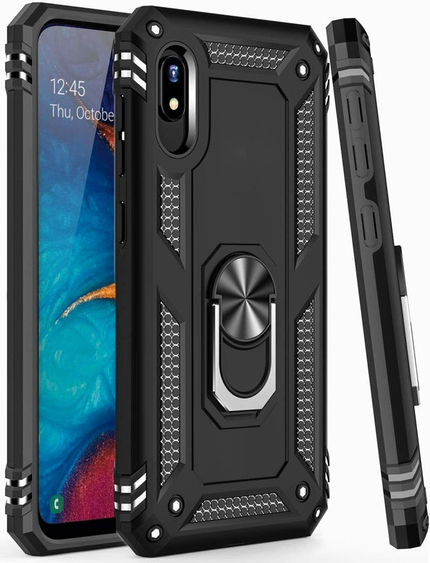 For Samsung Galaxy A10E Shockproof Rugged Black Case W(Ring Holder )+Screen