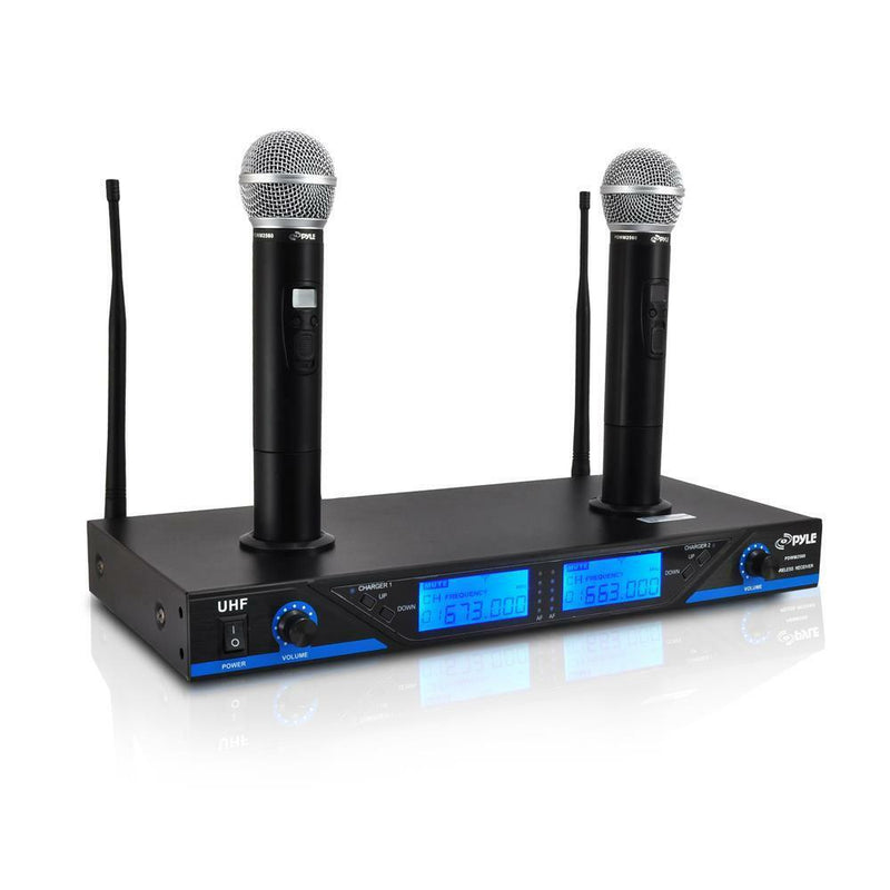 Pyle Pdwm2560 Uhf Wireless Microphone System W/ 2 Mics & Rechargeable Dock