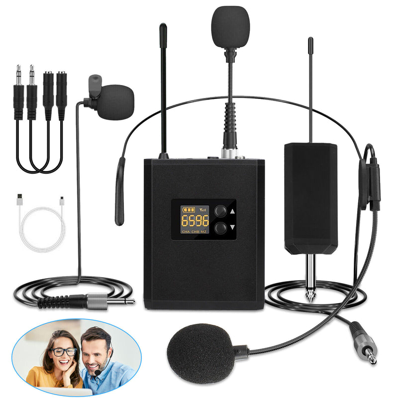 Uhf Wireless Lavalier Microphone System Lapel Headset Mic Receiver Rechargeable