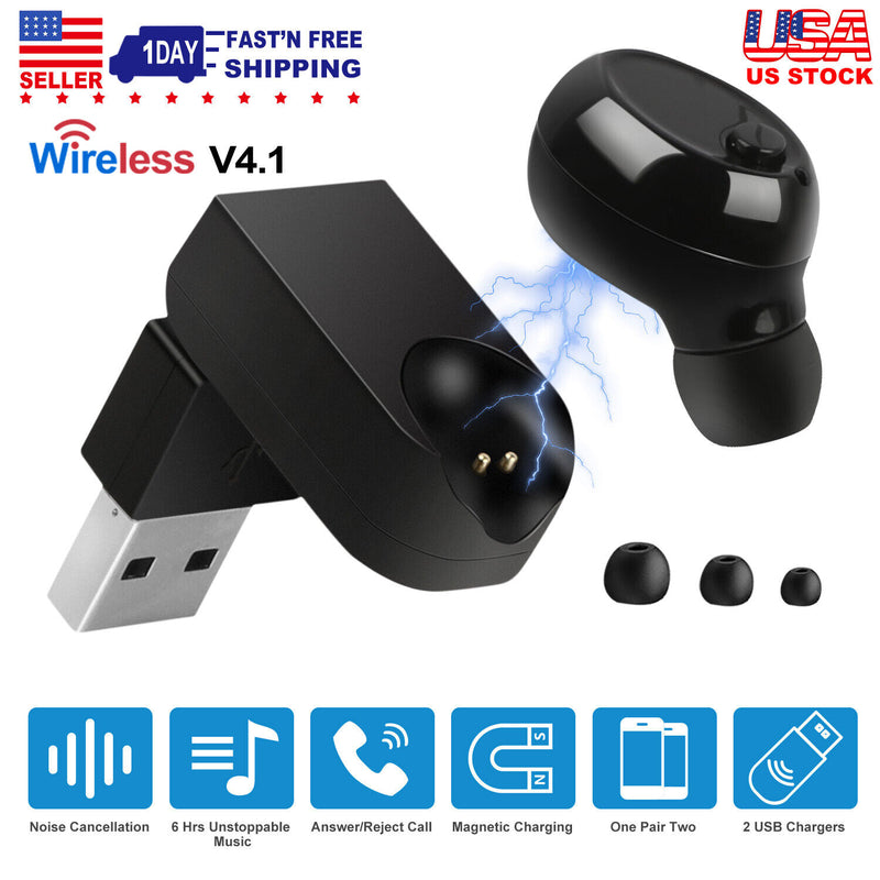 Mini Wireless Headset Earbud Long Lasting Battery Magnetic USB Charger