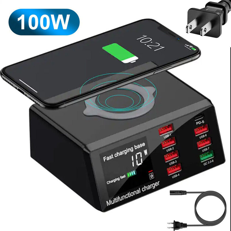 Wireless Charging Station 100W USB QC 3.0 Fast Charger 8 Ports PD Quick Charge