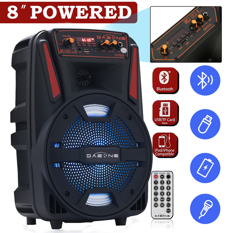 8" Portable Bluetooth Party Pa Speaker Fm Subwoofer Stereo Led Tailgate Outdoor