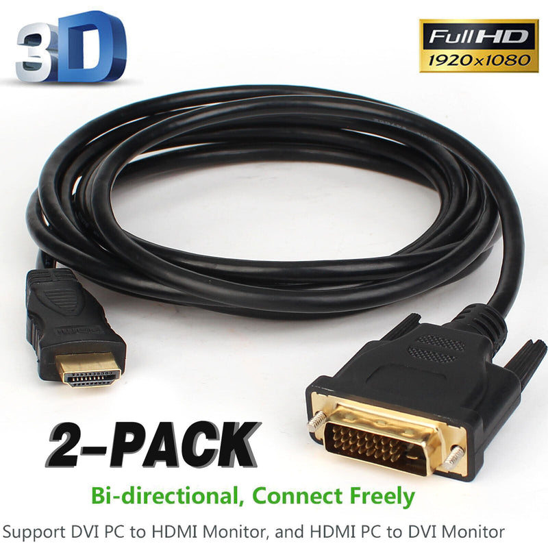 Doubled Shielded Hdmi To Dvi Cable (6 Feet) For Monitor Apple Tv Lot (2 Pieces)