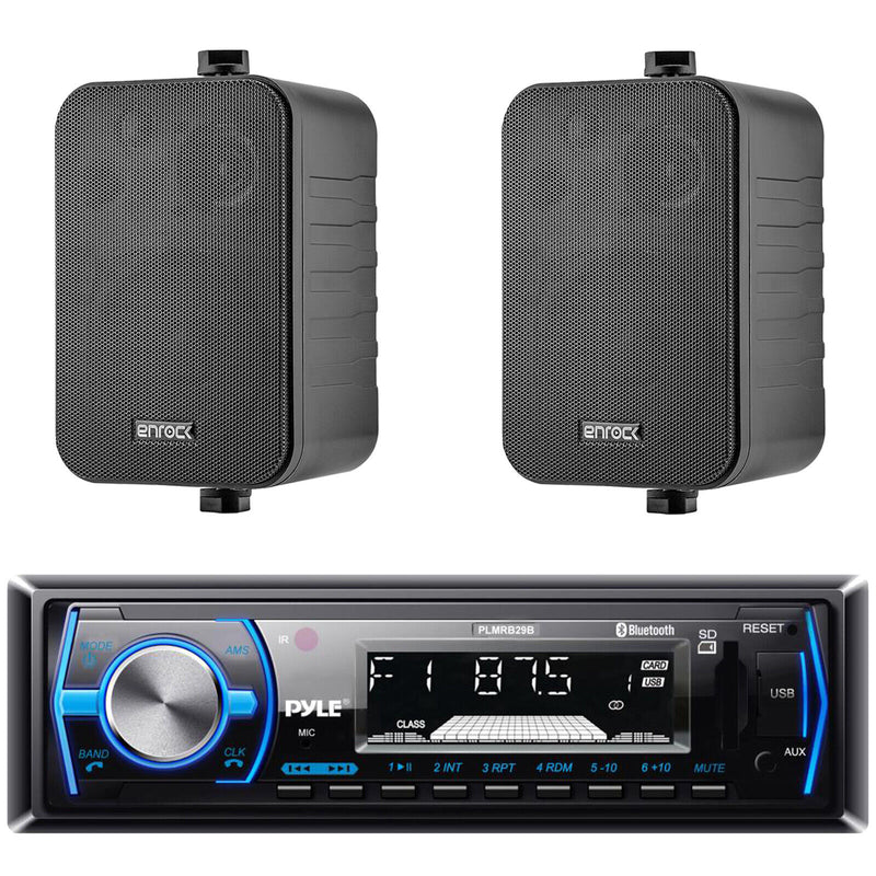 Pyle PLMRB29B 1 DIN USB Bluetooth Stereo Receiver with 2x Enrock 4" 30W Speakers