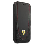 Ferrari Phone Case For Iphone 13 Pro Max In Black With Red Curve Real Leather Perforated Bookstyle Protective Case With Accessible Ports Shock Absorption Signature Logo