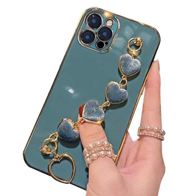 Lcenbk Plating Love Heart Chain Phone Case For Iphone 13 Pro Max Cute Plated Gold Glitter Cover With Love Heart Strap Bracelet Chain Soft Flexible Glossy Tpu Bumper Protective Phone Cases 6 7 Gray