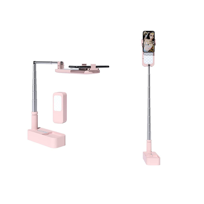 Junlove Wireless Phone Selfie Stand For Recording Rechargebale Led Light Stand And Remote Retractable 51 Inch Portable Multifunction Holder Pink