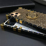 Lxxzbc Compatible With Iphone 12 Pro Max 6 7 Case Luxury Box Design Bling Glitter Cute Gold Square Soft Tpu Trunk Cover With Finger Ring Grip Kickstand Phone Skin Gold