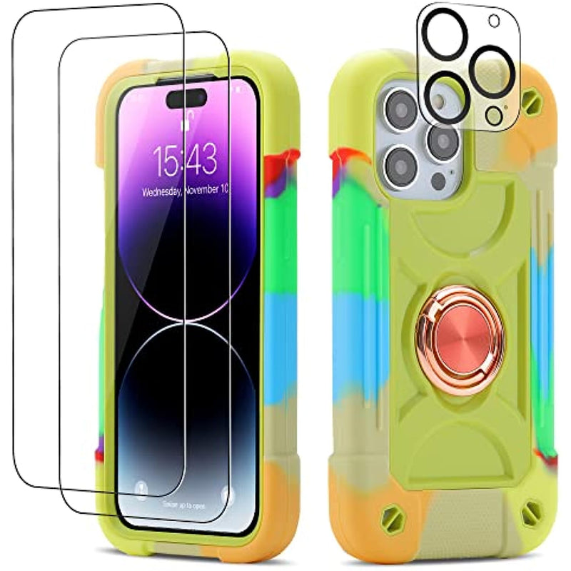 Heavy Duty Shockproof Military Grade Rugged Cover with 2 Pack Glass Screen Protector + 1 Pack Camera Lens Protector for iPhone 14 Pro Max 777