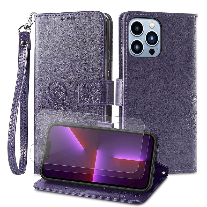 For Iphone 13 Pro Wallet Case With 2 Pack Screen Protector Case With Card Holder And Stand Magnetic Durable For Women And Men Iphone 13 Pro Flip Cell Phone Case Deep Purple