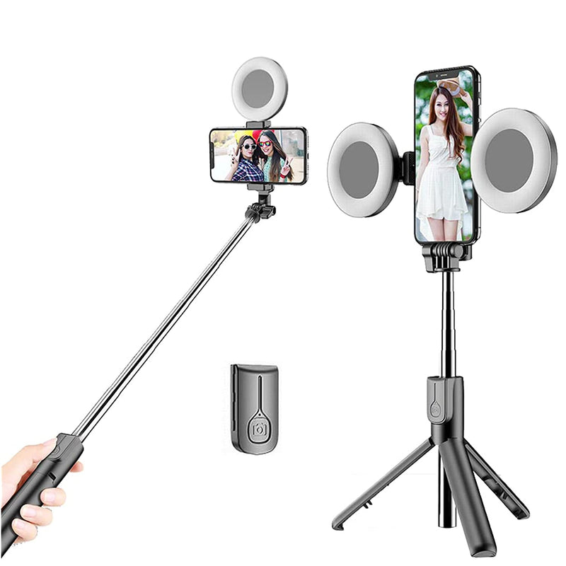 Selfie Stick Tripod With Dual Led Ring Lights For Vlogging Video Maker Adjustable Foldable And 360 Rotation Phone Selfie Stick Tripod For Vlogging Facebook You Tuble Tiktokblack
