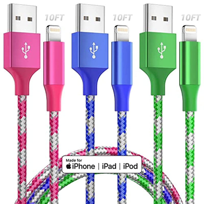 3 Pack 10 Ft Lightning Cable Nylon Braided Iphone Charger