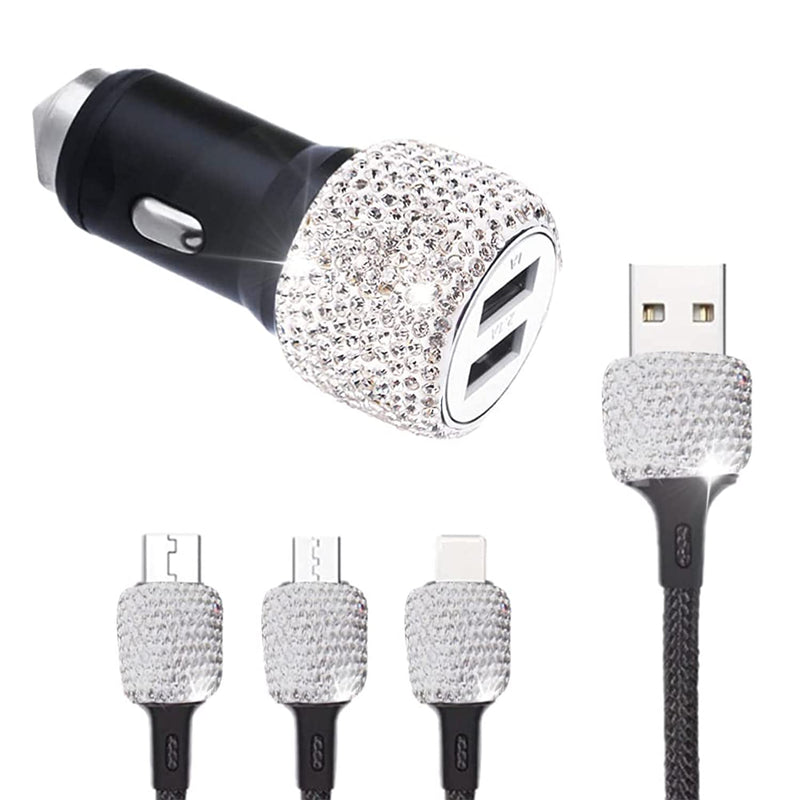 Younice Bling Car Charger 5V 2 1A Dual Port Car Usb Adapter Fast Charge With 3 In 1 Charging Cable Rhinestones Car Decoration For Women
