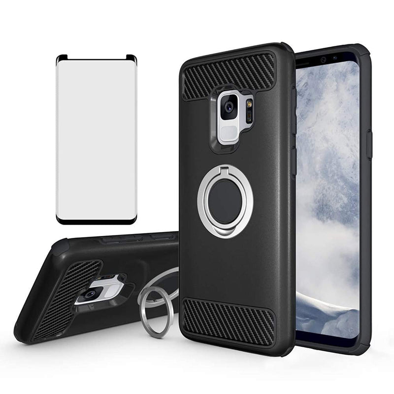 Phone Case For Samsung Galaxy S9 With Tempered Glass Screen Protector Magnetic Ring Holder Stand Kickstand Hybrid Protective Cell Accessories Hard Cover Glaxay S 9 Edge Galazy 9S Gs9 Women Girls Men