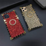 Lxxzbc Compatible With Iphone 12 Pro Max 6 7 Case Luxury Box Design Bling Glitter Cute Gold Square Soft Tpu Trunk Cover With Finger Ring Grip Kickstand Phone Skin Gold