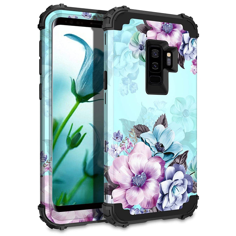 Galaxy S9 Plus Case Floral Three Layer Heavy Duty Hybrid Sturdy Shockproof Full Body Protective Cover Case For Samsung Galaxy S9 Plus Blue Flower
