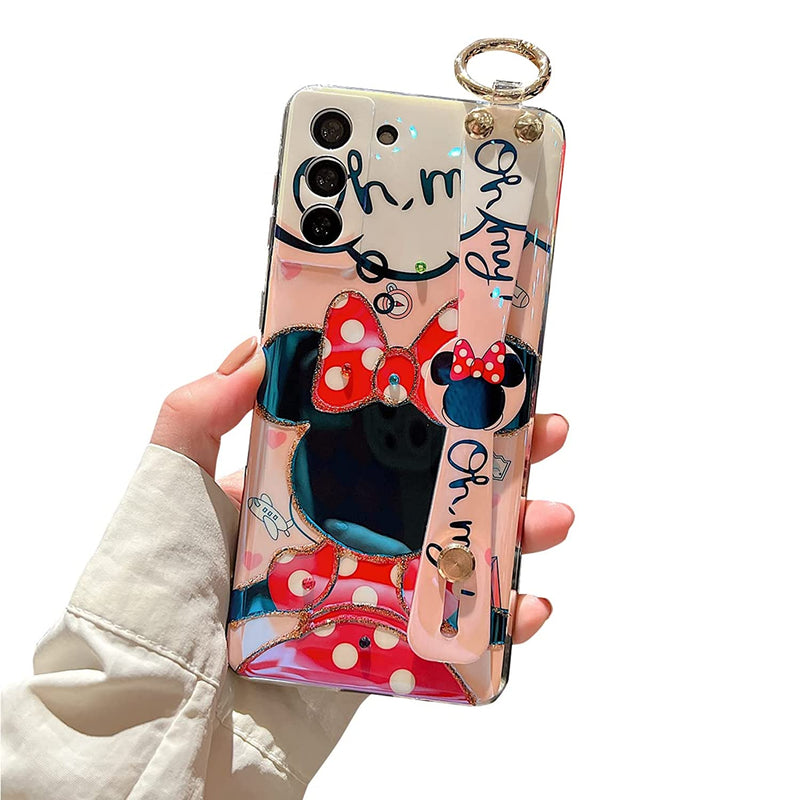 Lastma Samsung Galaxy S21 Plus Case Cute With Wrist Strap Kickstand S21 Case 5G Glitter Bling Cartoon Imd Soft Tpu Shockproof Protective Phone Cases Cover For Girls And Women Minnie