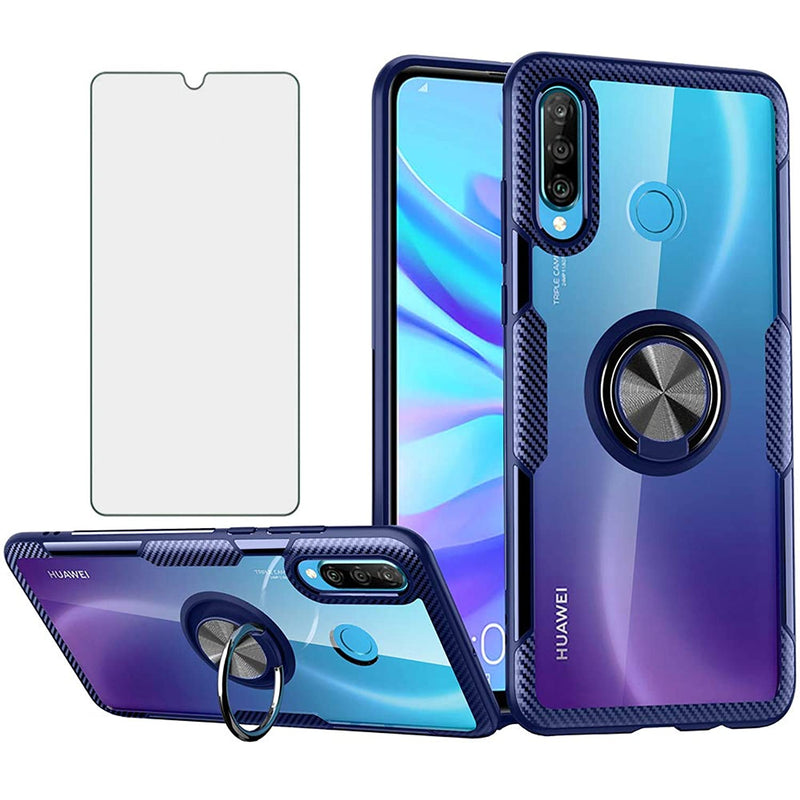 Phone Case For Huawei P30 Lite With Tempered Glass Screen Protector Clear Cover And Magnetic Stand Ring Holder Slim Hard Cell Accessories Rubber Transparent Hawaii P30Lite P 30 30Lite Cases Men Blue